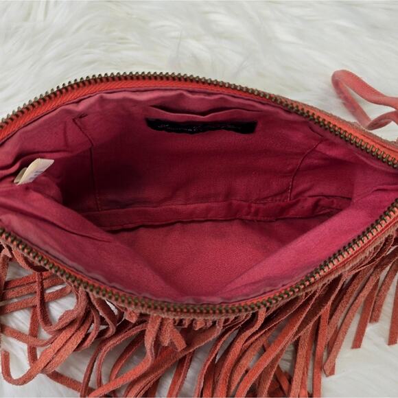 Fringed Coral Suede Wristlet Pouch Purse Western American Eagle AEO Hippie - Picture 6 of 10
